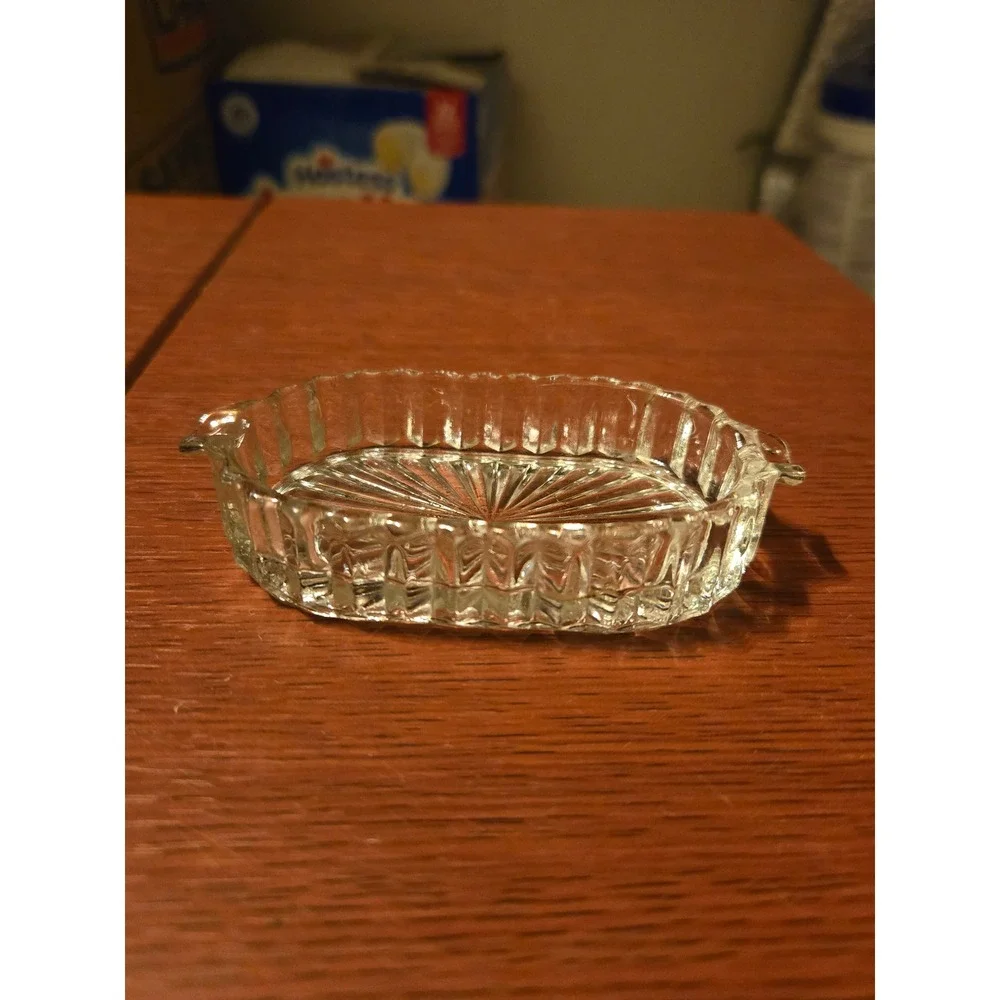 Vintage Clear Pressed Glass Trinket Dish Oval Sunburst Pattern Scalloped Edge
